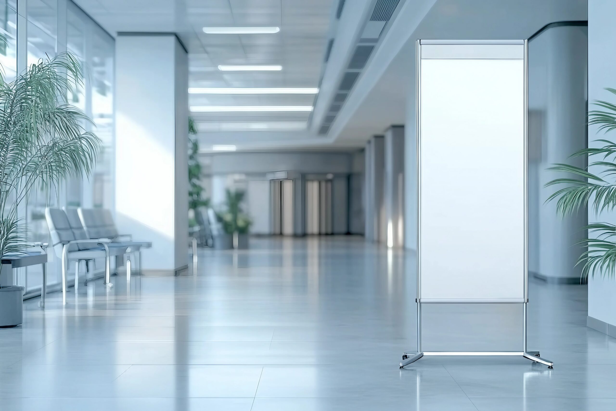 Blank white roll up stand banner in hospital